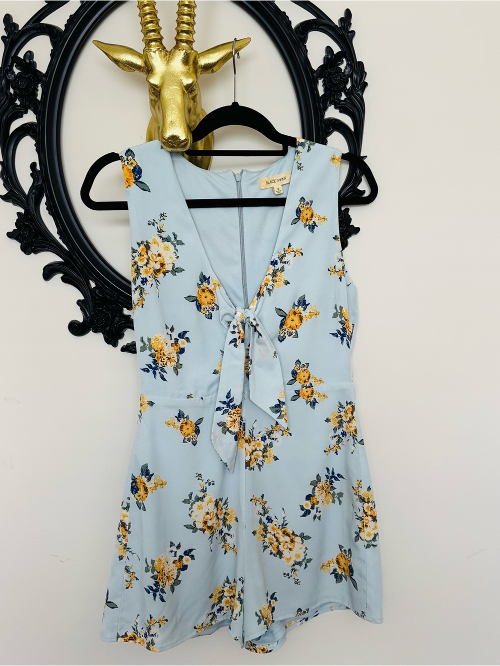 Black Swan Light Blue Floral Romper with Yellow and Navy Print